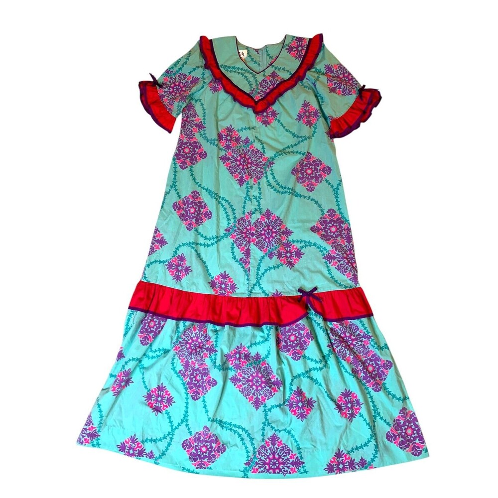Vintage RM Hawaiian Muumuu Dress w/Puff Sleeves Women's Size 10 Pink/Purple/Blue